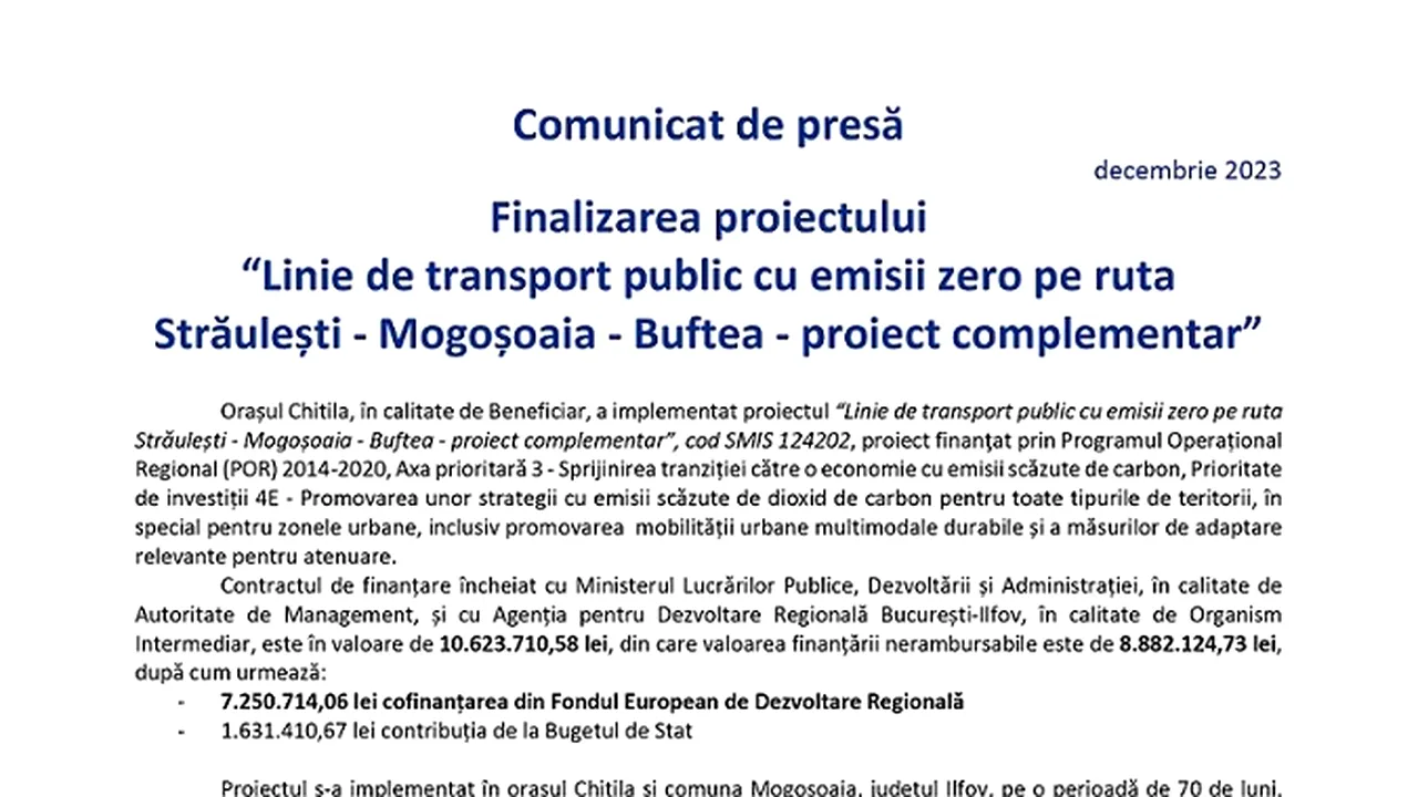Finalizare proiect“Linie de transport public cu emisii zero pe ruta Străuleşti - Mogoşoaia - Buftea
