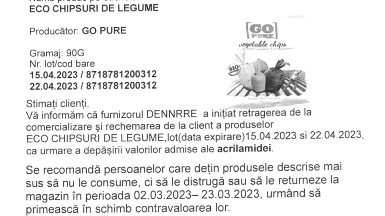 Atenţie! Chipsuri cu acrilamidă, retrase din magazine 