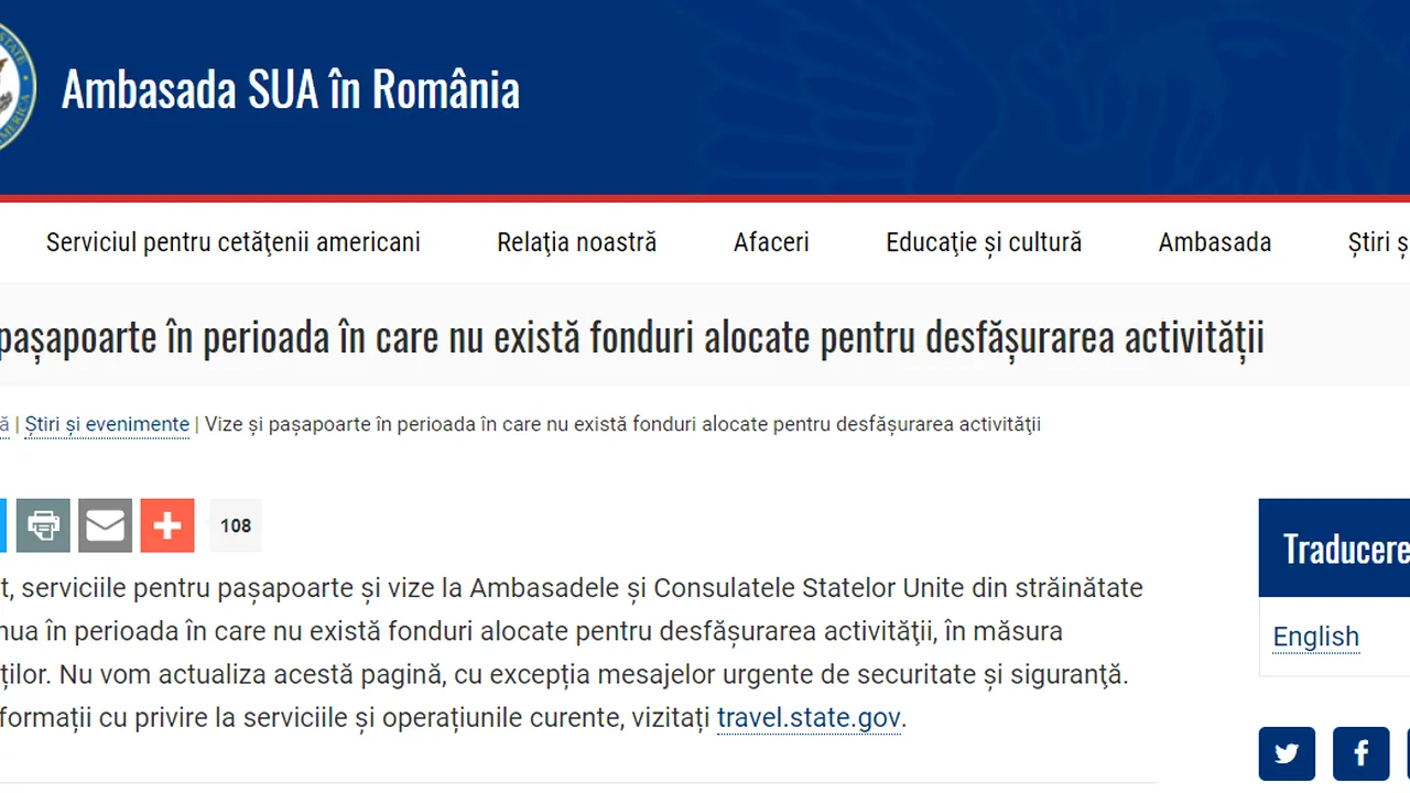 Disensiunile mari din Congresul SUA afectează serviciile de paşapoarte şi vize, inclusiv din România. Ambasada SUA îşi limitează activitatea