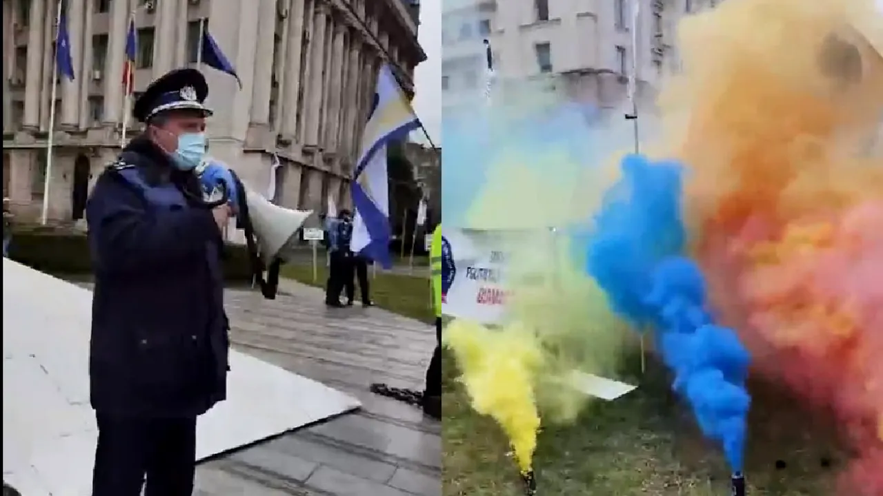 VIDEO Un nou protest cu fumigene al poliţiştilor. 