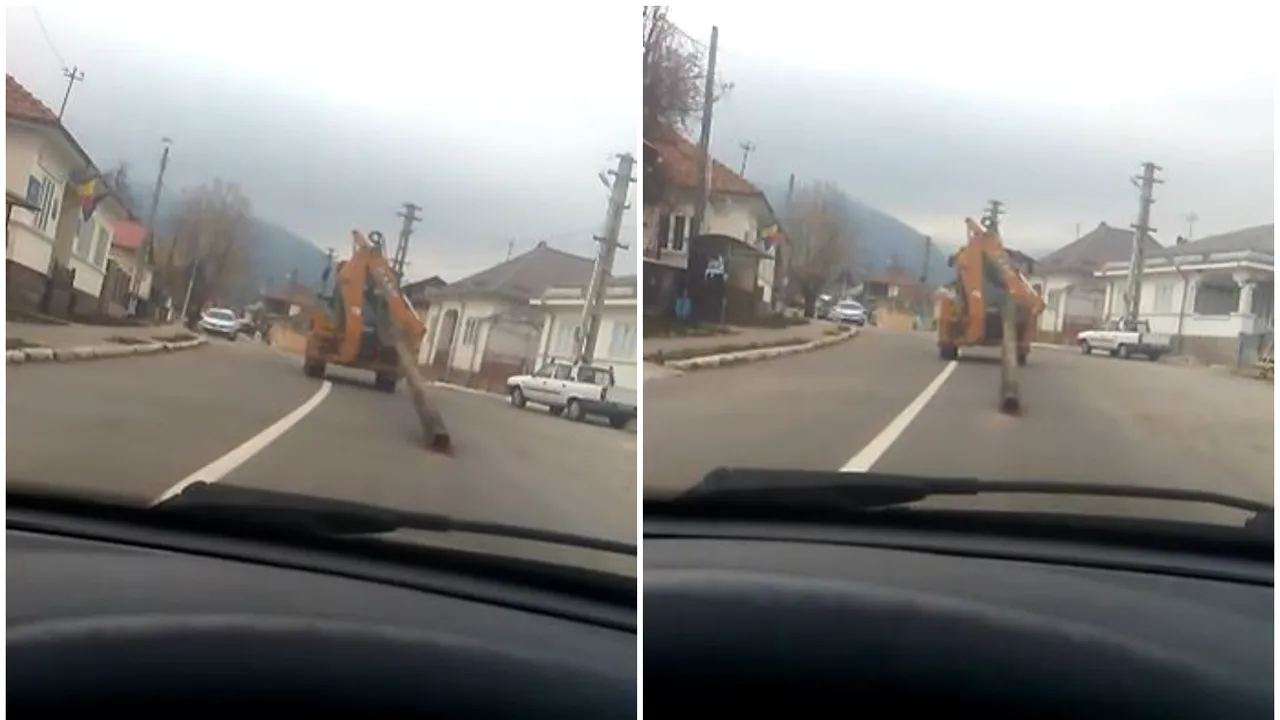 VIDEO. Imagini incredibile cu un excavator care târăşte o ţeavă de metal pe străzile unei comune