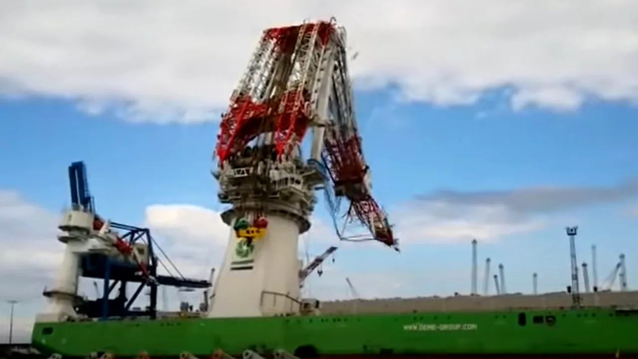 Momentul în care o macara de 5.000 de tone se prăbuşeşte fix când efectua un test de rezistenţă. VIDEO