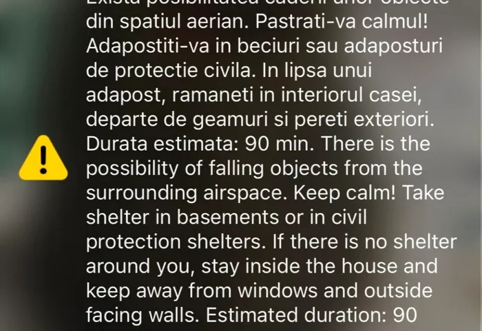 NEWS ALERT Nouă alertă aeriană în Tulcea. Mesaj Ro-Alert emis din cauza riscului căderii unor obiecte din aer