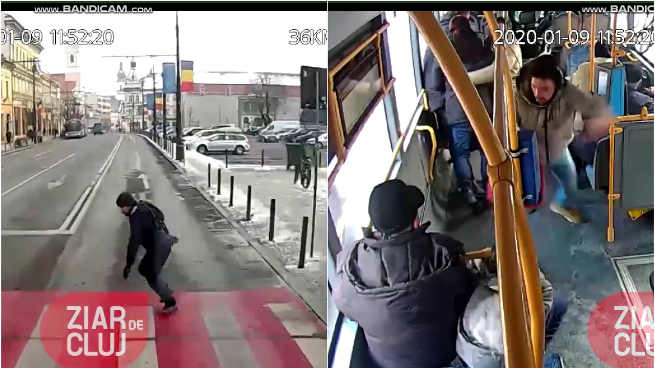 Momentul în care un pieton se aruncă în faţa unui autobuz în Cluj. Călătorii „zboară” pur si simplu după frână. VIDEO