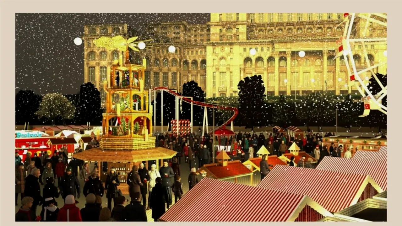 Prima piramidă de Crăciun din România, la târgul din Piața Constituției