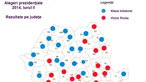 REZULTATE ALEGERI PREZIDENŢIALE 2014, turul II - HARTA votului. Klaus Iohannis a câştigat cu peste 70% în unele judeţe