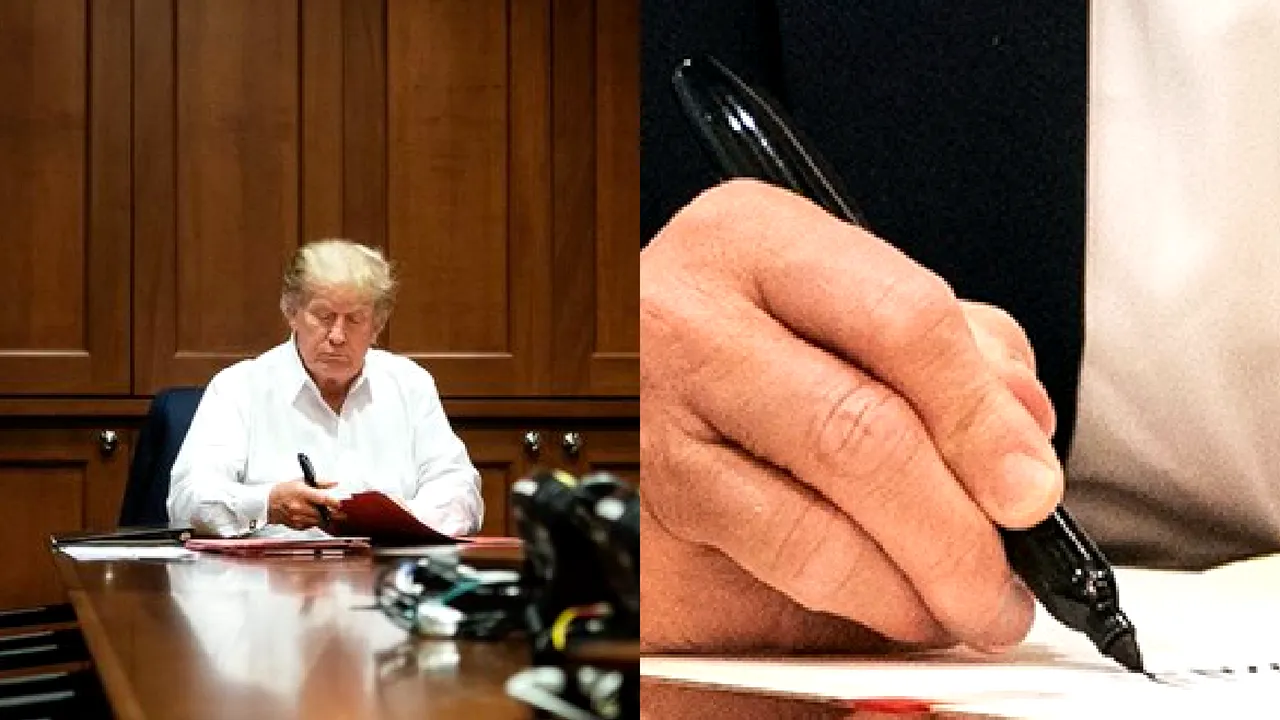 Fotografiile în care Trump lucrează în spital ar fi fost făcute la 10 minute distanţă. Preşedintele SUA pare că semnează o foaie goală