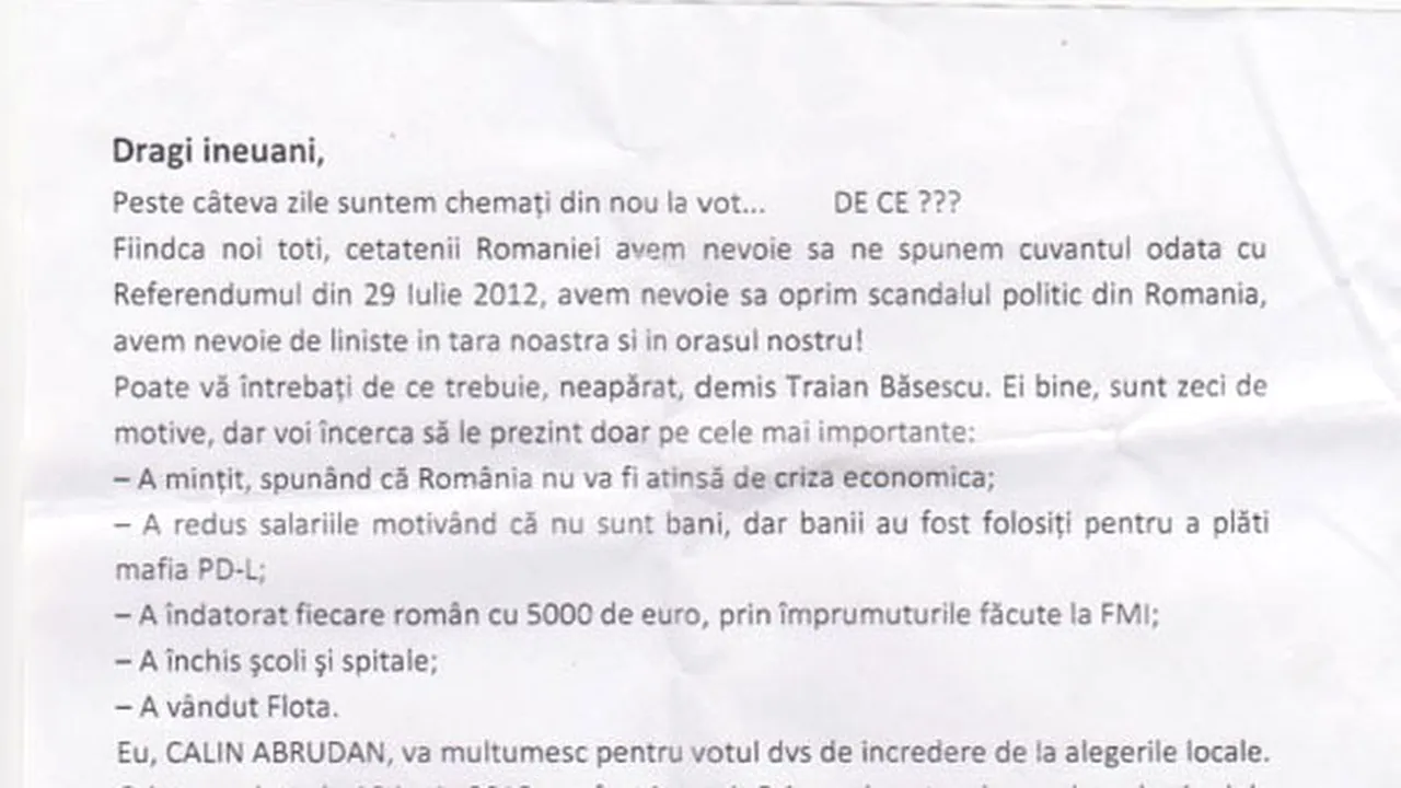 Primarul PNL din Ineu le scrie locuitorilor: Asfaltarea străzilor, în funcţie de participarea la vot - SCRISOAREA PRIMARULUI