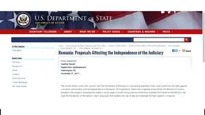 Departamentul de Stat al SUA exprimă îngrijorare faţă de slăbirea independenţei justiţiei în România şi îndeamnă Parlamentul să respingă propunerile care ar putea slăbi statul de drept