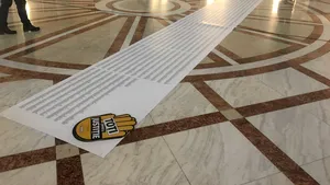 Comunitatea Declic a făcut un covor din peste 142.000 de semnături în faţa plenului Senatului/ Reacţia unui senator PSD: Sunt din cartea de telefon? - FOTO, VIDEO