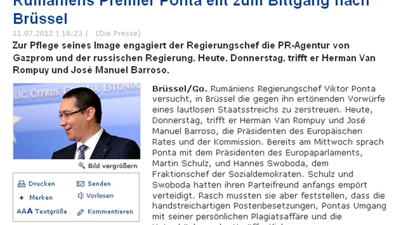 Die Presse: Ponta a angajat la Bruxelles o firmă de lobby, în eforturile de îmbunătăţire a imaginii. Care este reacţia Guvernului