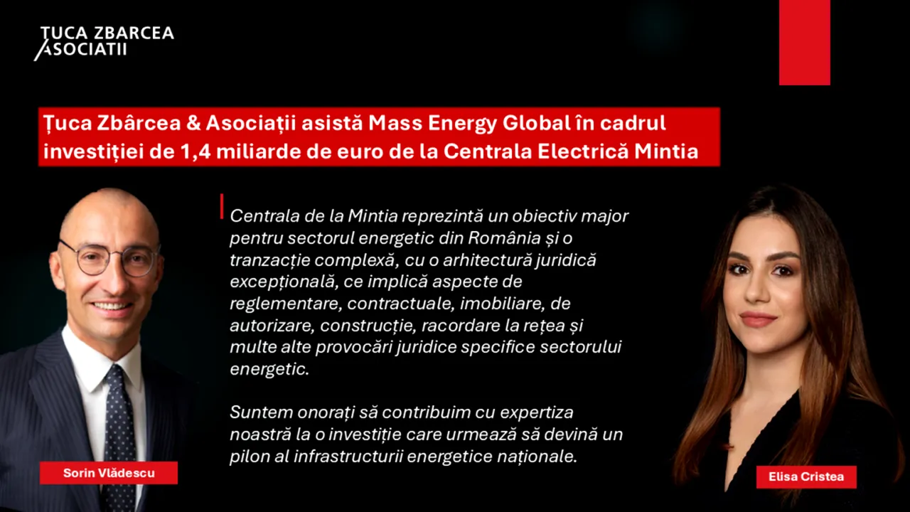 Țuca Zbârcea & Asociații asistă Mass Energy Global în cadrul investiției de 1,4 miliarde de euro de la Centrala Electrică Mintia