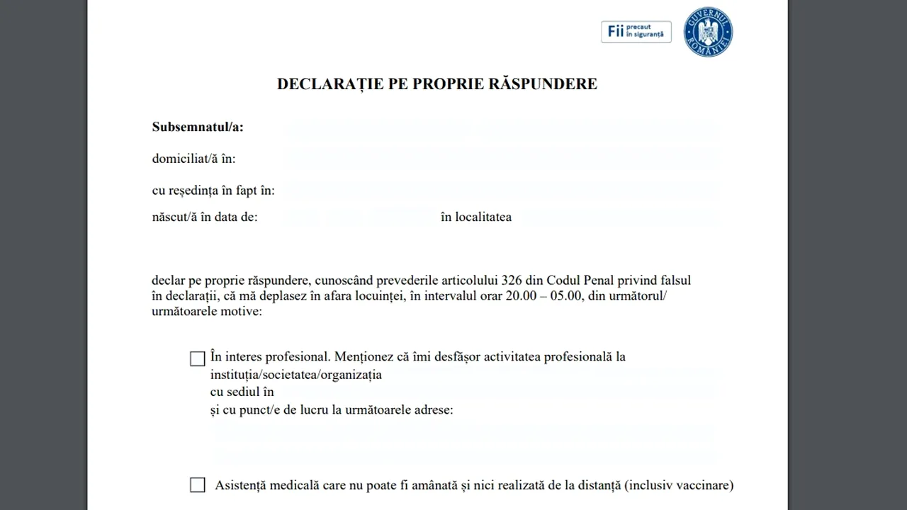 DESCARCĂ AICI. Noile declaraţii pe proprie răspundere pentru deplasarea în intervale orare cu restricţii