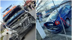 FOTO Ambulanţă cu pacient, implicată într-un accident rutier. Şoferul autoutilitarei a fost rănit