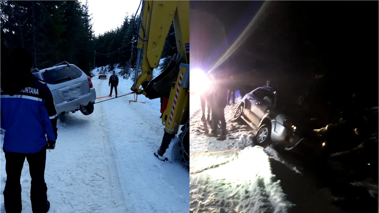 Trei persoane, salvate de jandarmii montani după ce maşina lor a intrat în şanţ. FOTO