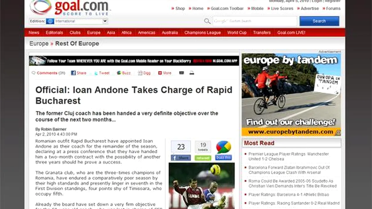 Site-ul goal.com cere scuze după ce a scris că Andone este antrenor la 