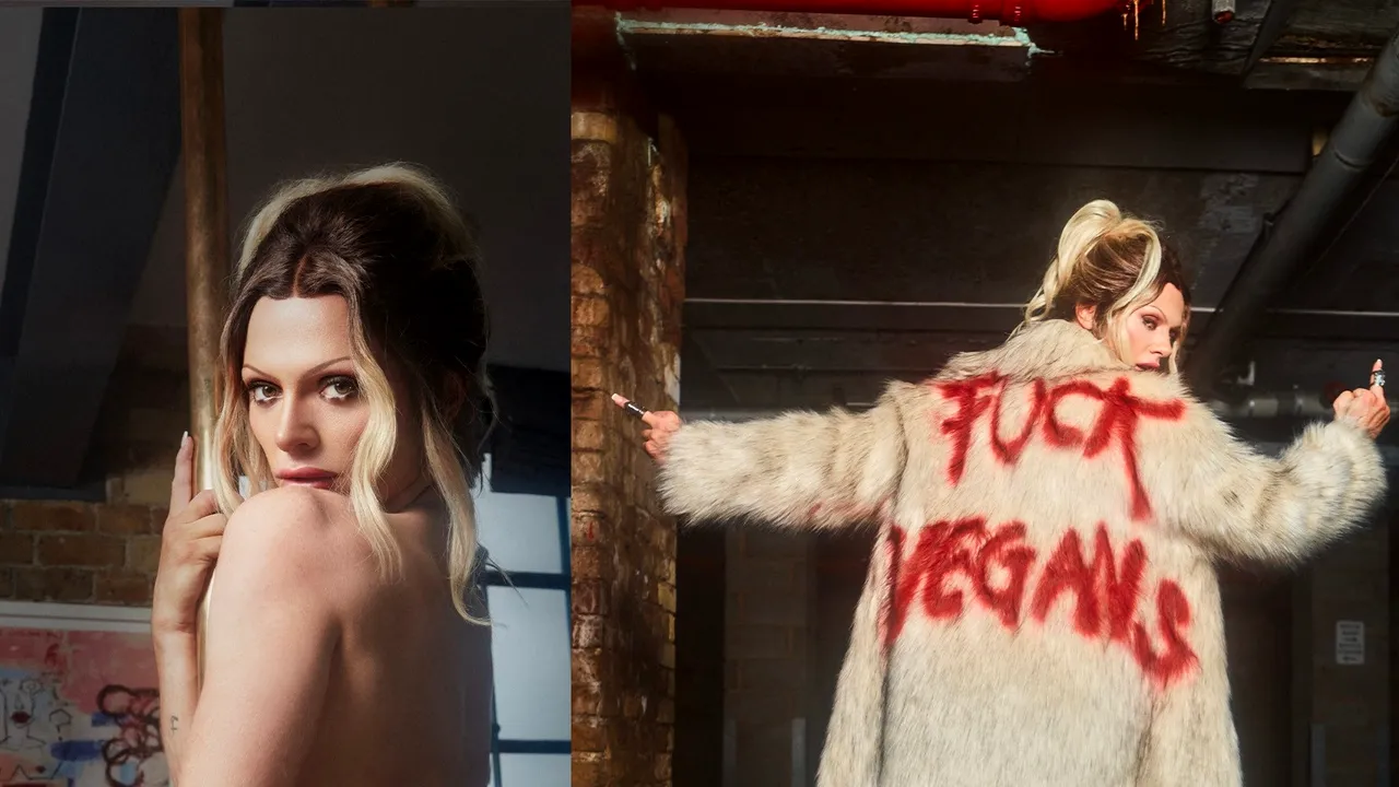 Un travestit face campanie pro-veganism, purtând haine din blană pe care sunt pictate înjurături la adresa veganilor 