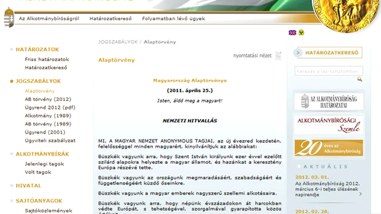 Anonymous piratează site-ul Curţii Constituţionale ungare şi modifică noua Constituţie