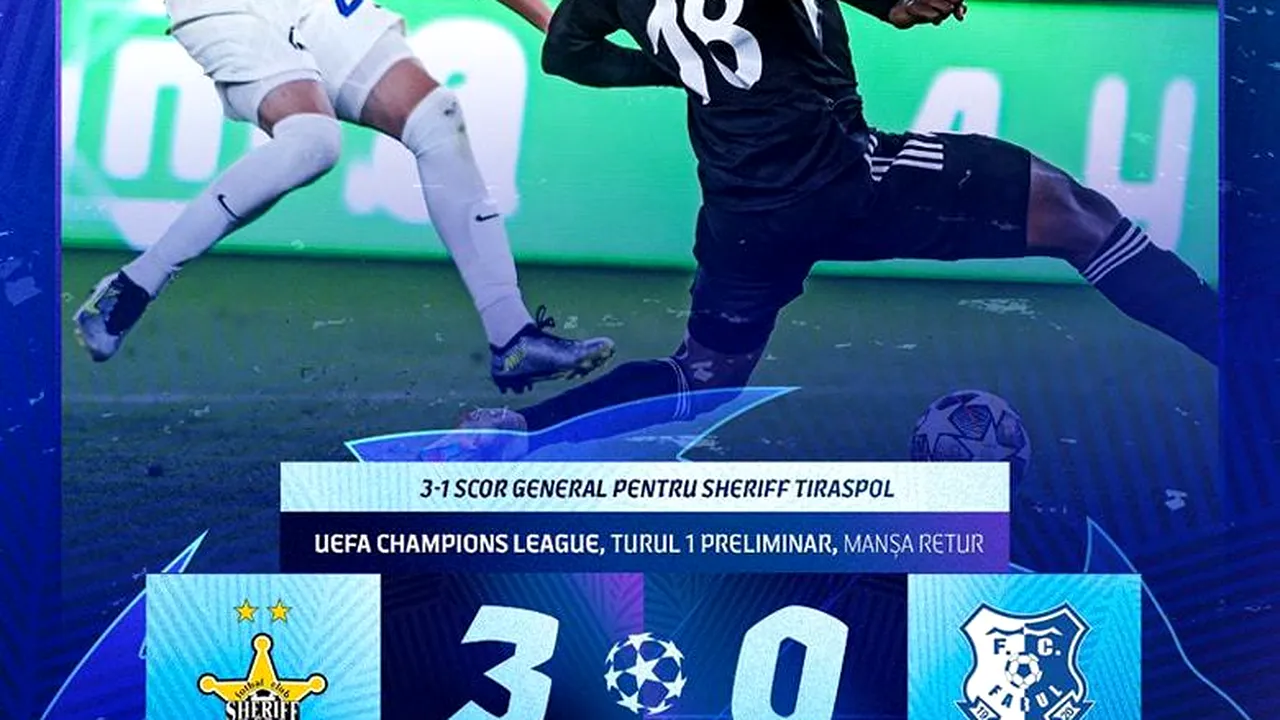 Sheriff Tiraspol - Farul Constanţa 3-0. Bătută la Tiraspol, campioana României alunecă în Conference League
