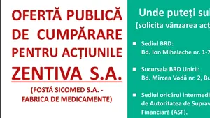 (P) Zentiva N.V. iniţiază oferta publică de cumpărare a acţiunilor Zentiva S.A. (fosta Sicomed S.A. – Fabrica de Medicamente)