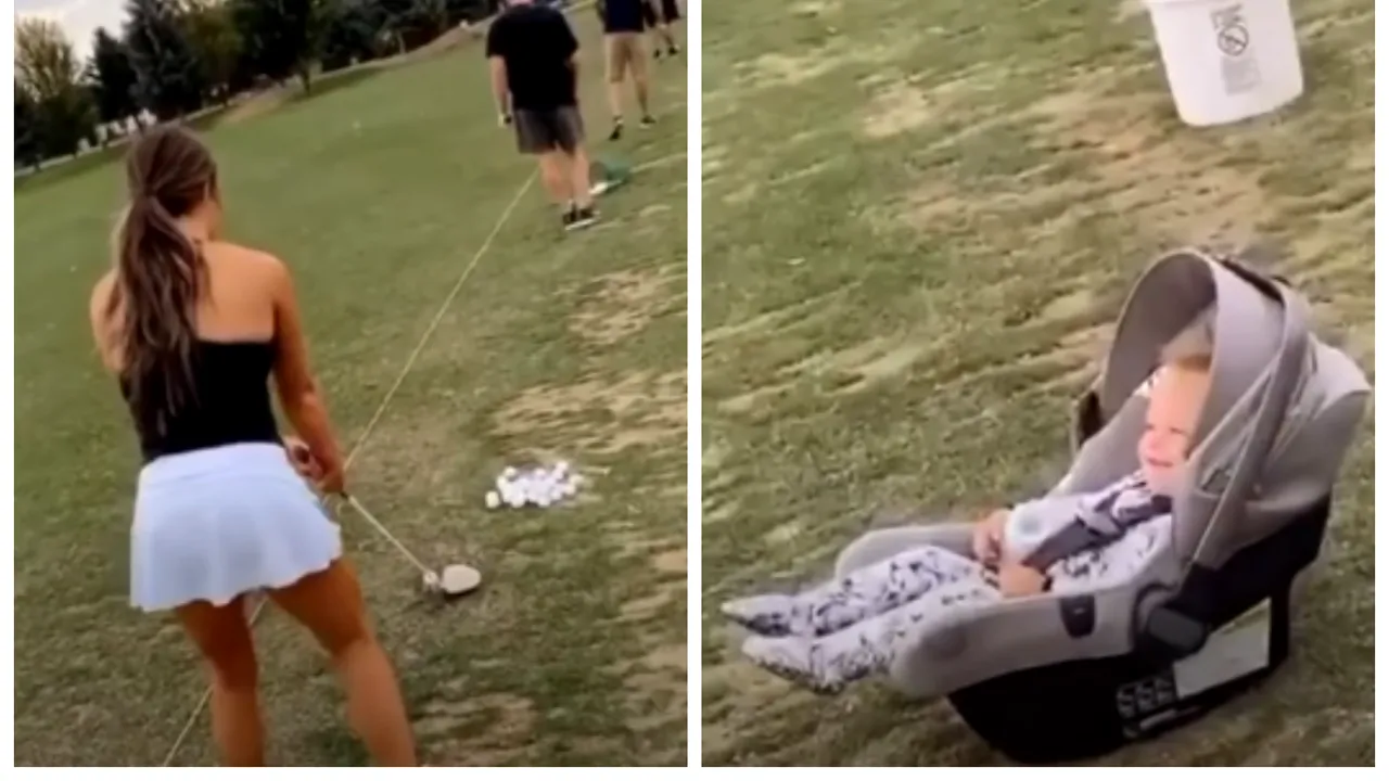 VIDEO: Cine spune că golful este uşor? Lovitura unei femei l-a făcut şi pe bebeluş să râdă