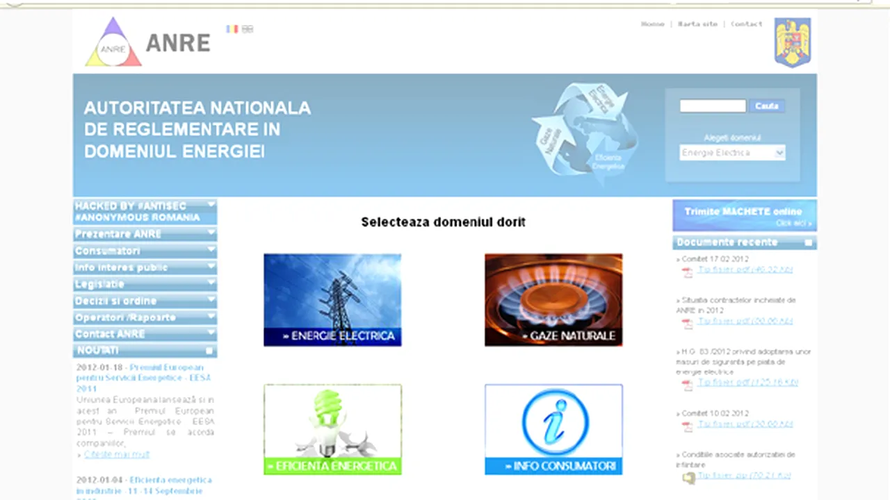 Site-ul ANRE a fost spart marţi de o grupare care se recomandă Anonymous România - VIDEO