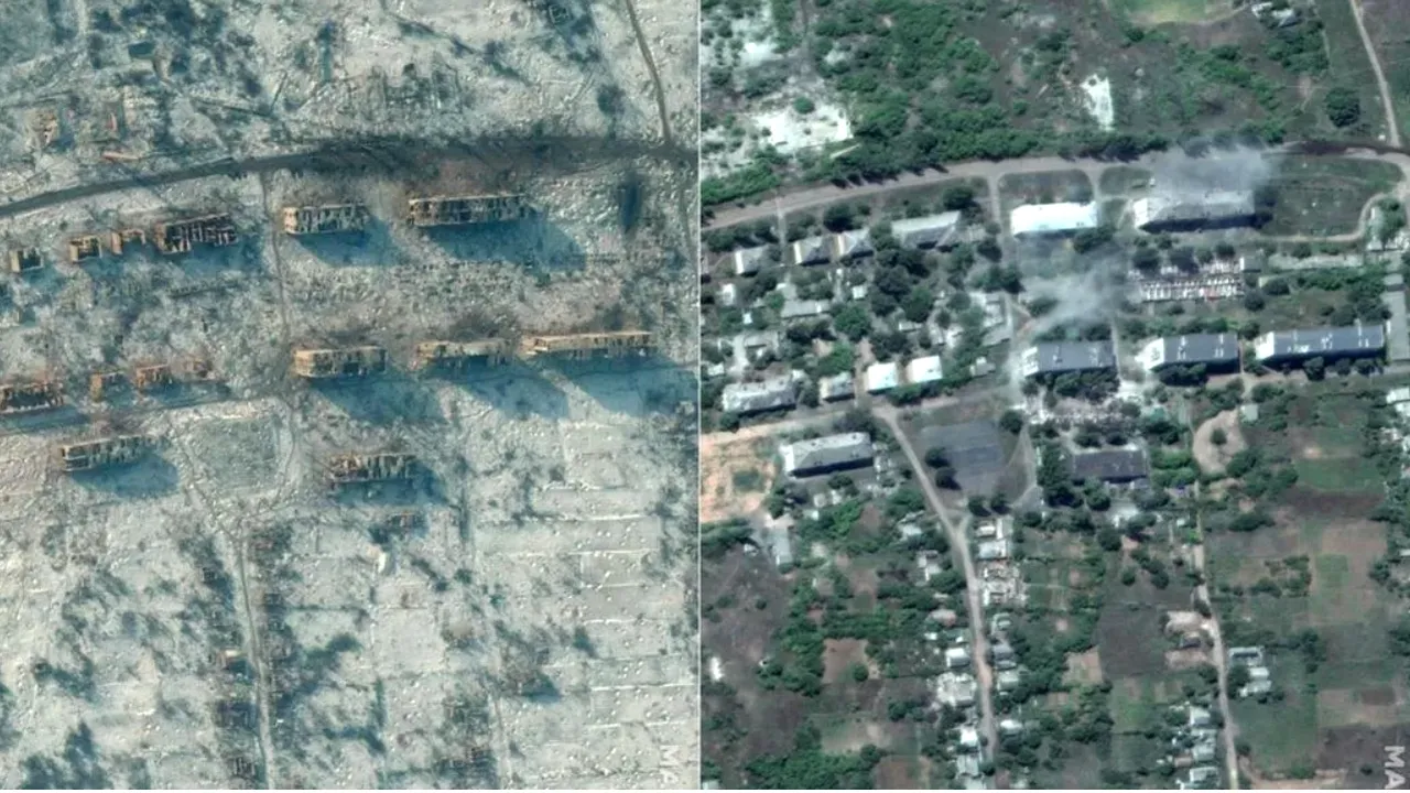 Oraşul Soledar, ras de pe faţa pământului. Imagini dinaintea şi după bombardamente