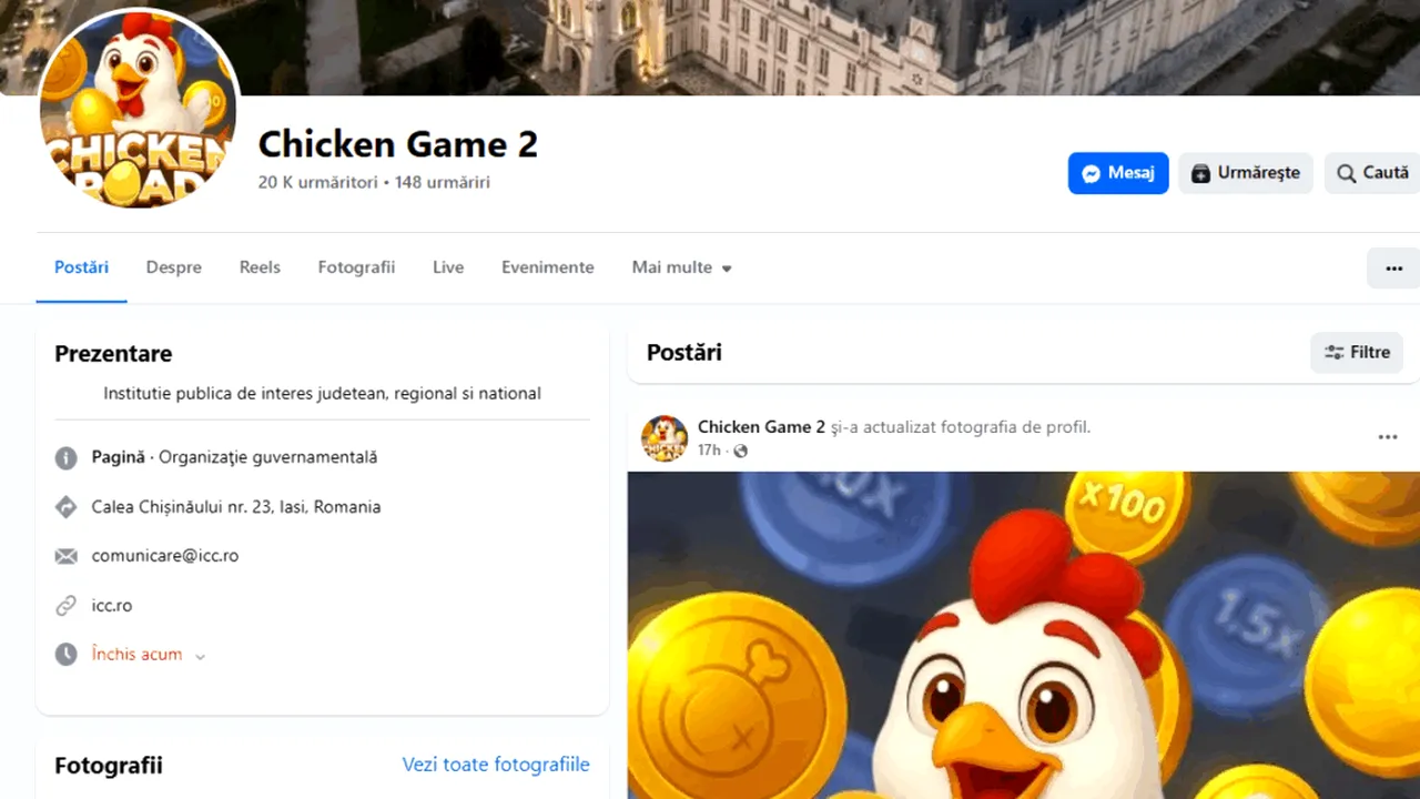 Pagina de Facebook a Consiliului Județean Iași, spartă și redenumită „Chicken Game 2”