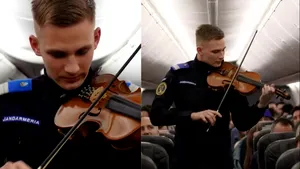 Un jandarm român a interpretat imnul României în avion, la peste 10.000 de metri altitudine