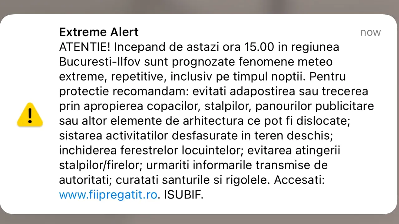 Fenomene meteo extreme. Mesaje RoAlert pentru locuitorii din Bucureşti şi Ilfov