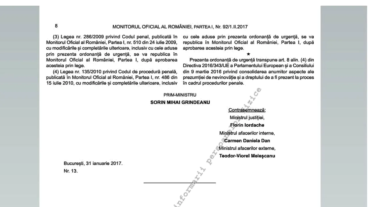 Ora 1.25 AM: OUG privind modificarea Codurilor Penale a fost publicată în Monitorul Oficial. Ce schimbări produce ordonanţa FOTO DOCUMENT