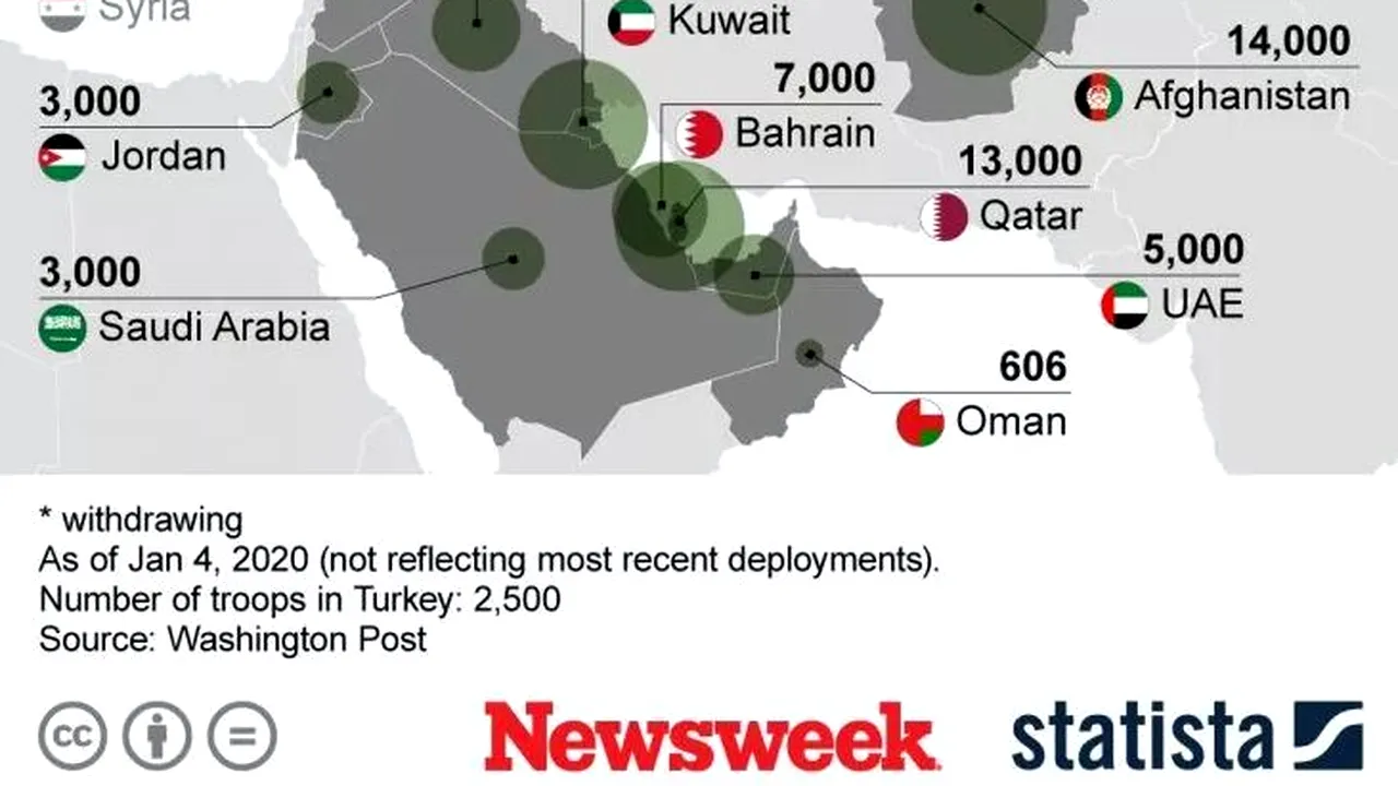 HARTA bazelor militare americane din Orientul Mijlociu. Zeci de mii de militari ai SUA sunt staţionaţi în apropiere de Iran