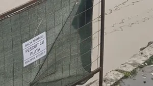 „Balta primăriei. Scăldatul interzis”. Afişe cu mesaje ironice lipite pe gardul unui şantier din Focşani