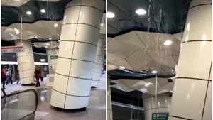 VIDEO | La metroul din Drumul Taberei, cu umbrela. Curge apă din tavan în staţia Eroilor 2, de pe Magistrala 5