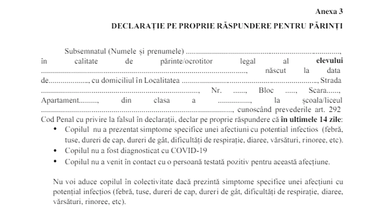 Declaraţia pe proprie răspundere semnată de părinţi pentru elevi este neconstituţională? Un avocat răspunde