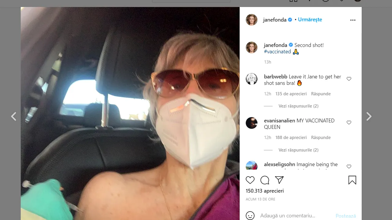 Jane Fonda a fost vaccinată, în maşină, cu doza a doua împotriva coronavirusului