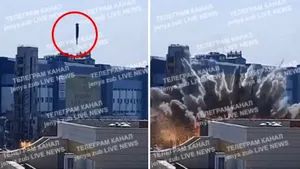Momentul în care o rachetă rusească loveşte Harkovul: impactul devastator lasă în urmă un vuiet şi o coloană de fum