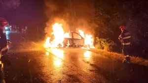Mașină în flăcări după ce s-a izbit de un copac, în Argeș. Un tânăr scos incoerent din vehicul