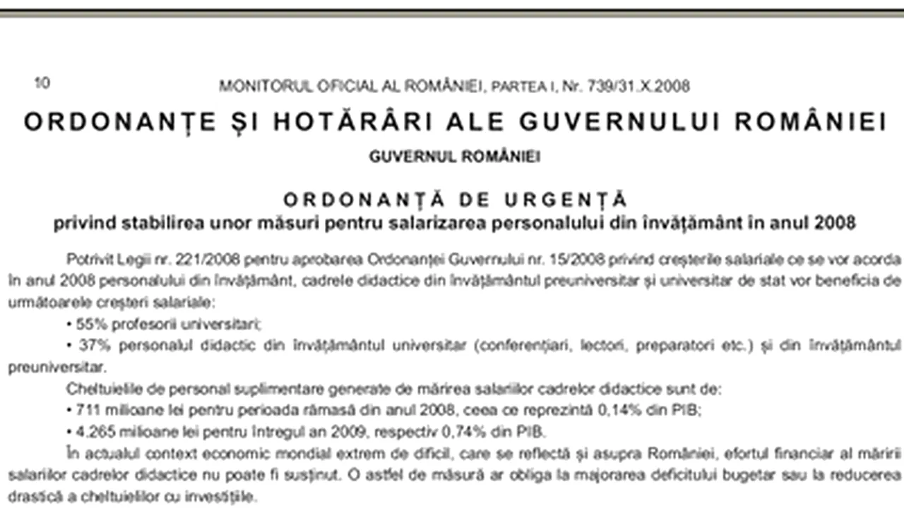 OUG: Salariile majorate pentru profesori, condiţionate de legea salarizării unice