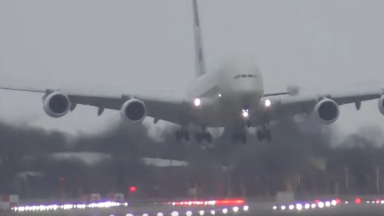 Aterizare spectaculoasă a celui mai mare avion de pasageri din lume, lovit de rafale de vânt puternice, pe aeroportul Heathrow | VIDEO
