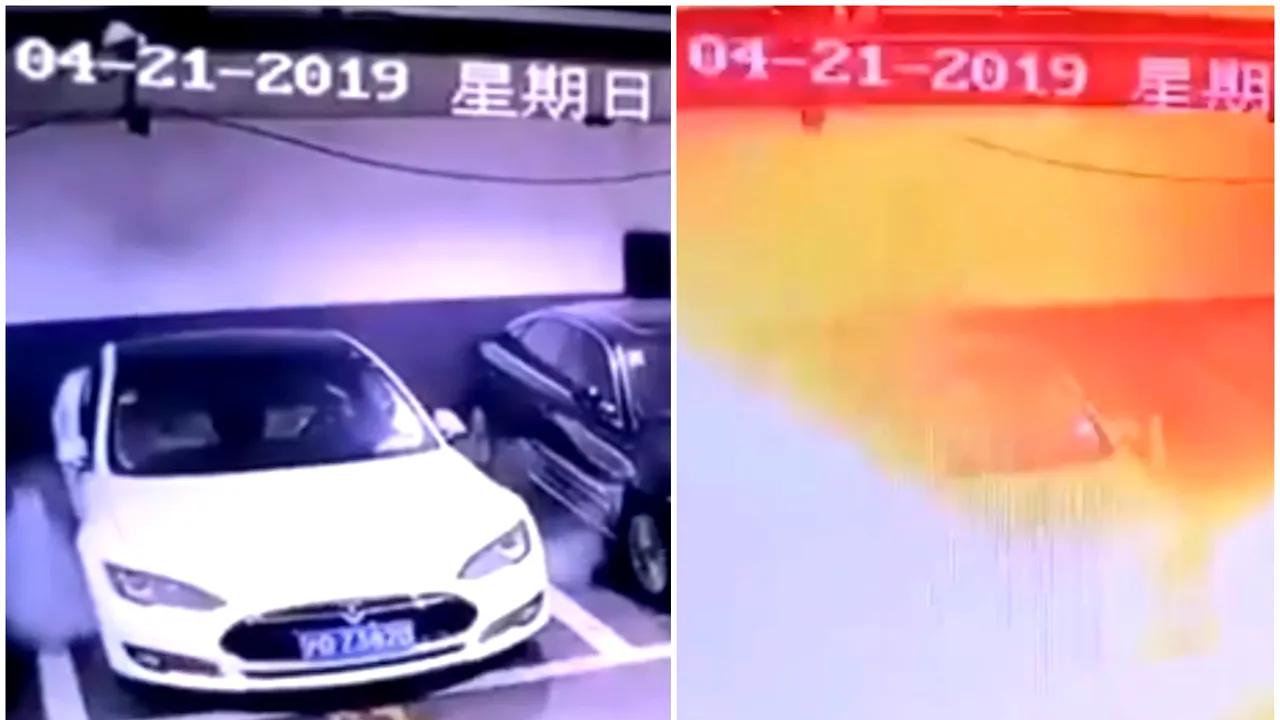 Momentul în care o presupusă maşină Tesla explodează într-o parcare subterană/ Reacţia companiei | VIDEO