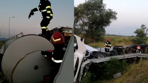 A curs la lapte pe autostradă. O cisternă plină cu 20.000 de litri de lapte s-a răsturnat