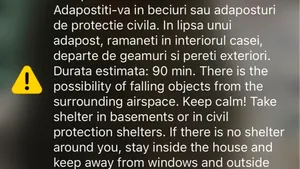 Nouă alertă aeriană în Tulcea. Mesaj Ro-Alert emis din cauza riscului căderii unor obiecte din aer