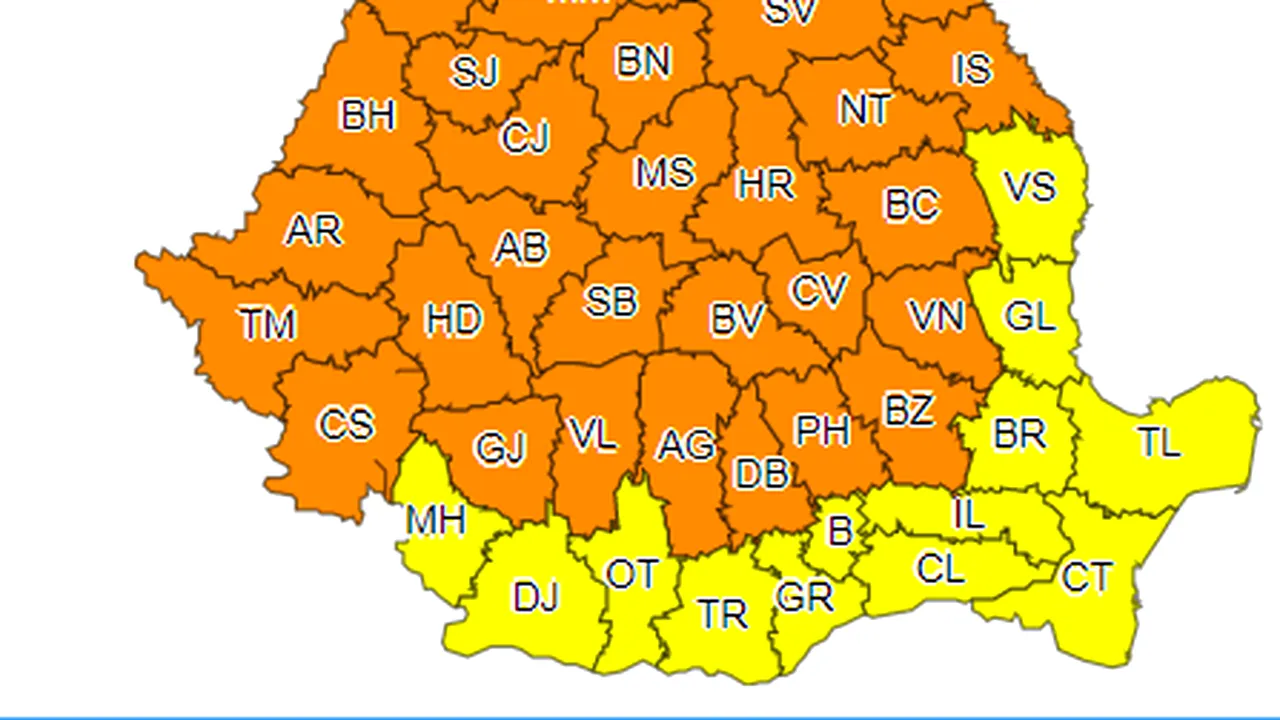 METEO. COD PORTOCALIU de vreme rea emis de ANM în cea mai mare parte din ţară