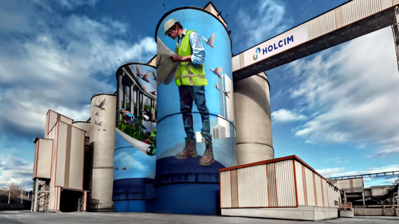 Holcim transformă silozurile fabricii din Câmpulung într-un mural care purifică aerul. Efectul se datorează vopselei folosite