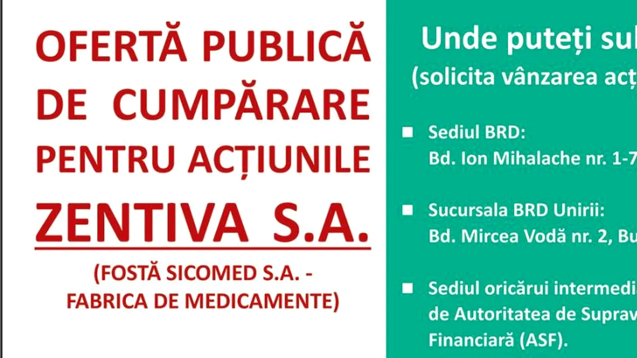 (P) Zentiva N.V. iniţiază oferta publică de cumpărare a acţiunilor Zentiva S.A. (fosta Sicomed S.A. – Fabrica de Medicamente)