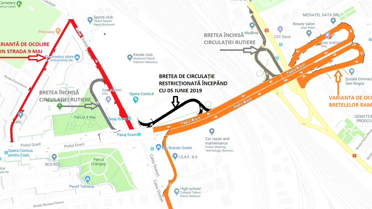 Una dintre bretelele Podului Grant se va închide de miercuri, pentru lucrări de reabilitare