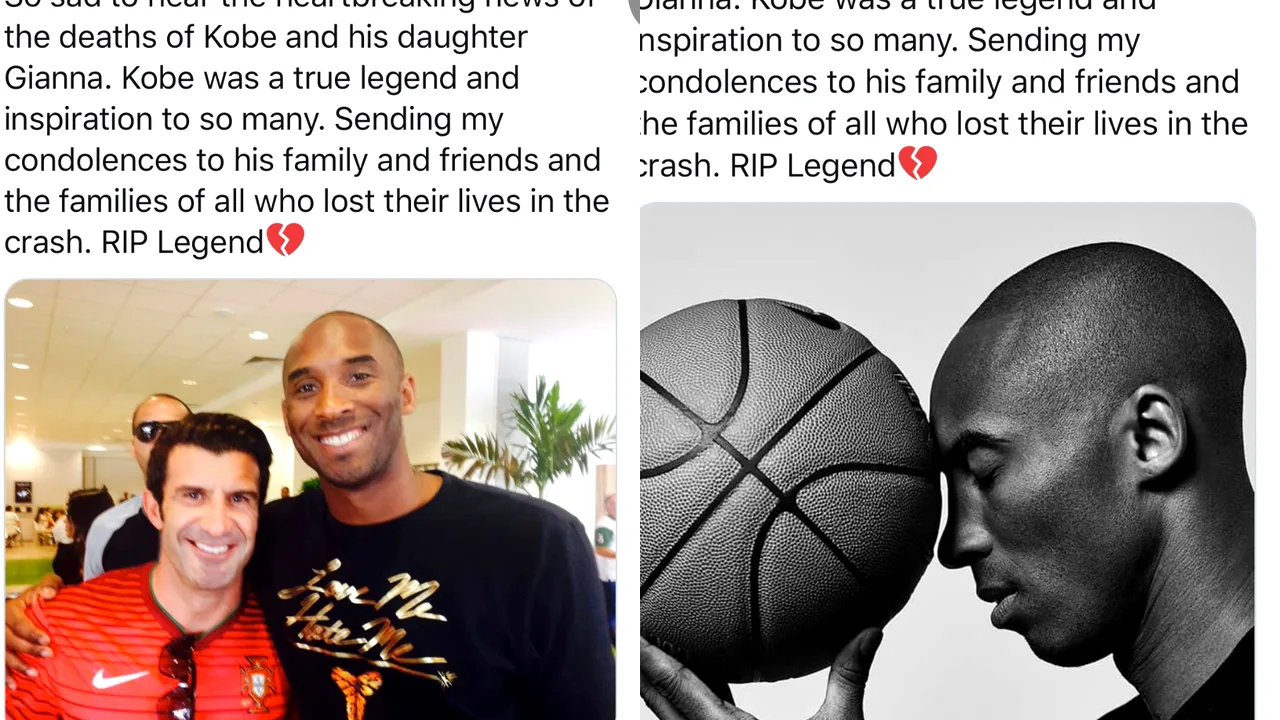 Cristiano Ronaldo şi Luis Figo au postat mesaje identice după moartea lui Kobe Bryant. Controversele create 