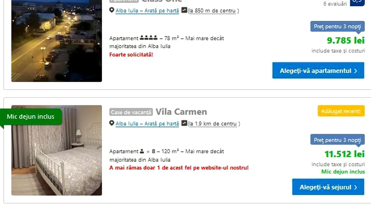 Preţuri astronomice la apartamentele disponibile în Alba Iulia, înainte de Ziua Naţională. Ce oferă un proprietar care cere 12.000 de lei pentru trei nopţi