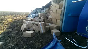 Un camion plin cu materiale textile s-a răsturnat pe A2 - FOTO
